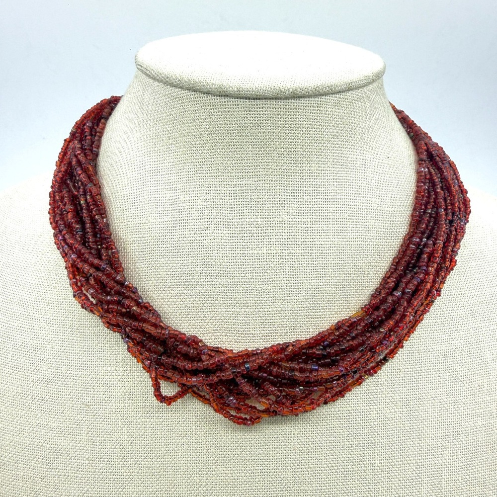 Red Glass Seed Bead Multi Strand Twisted Torsade Bib Statement Necklace Bohemian